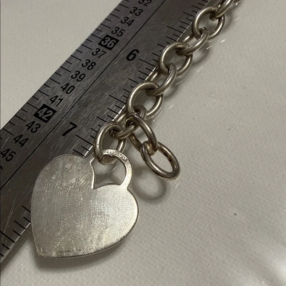 Sterling Silver 925 Italy Heart Charm Link with Clamp Opening Bracelet 7’